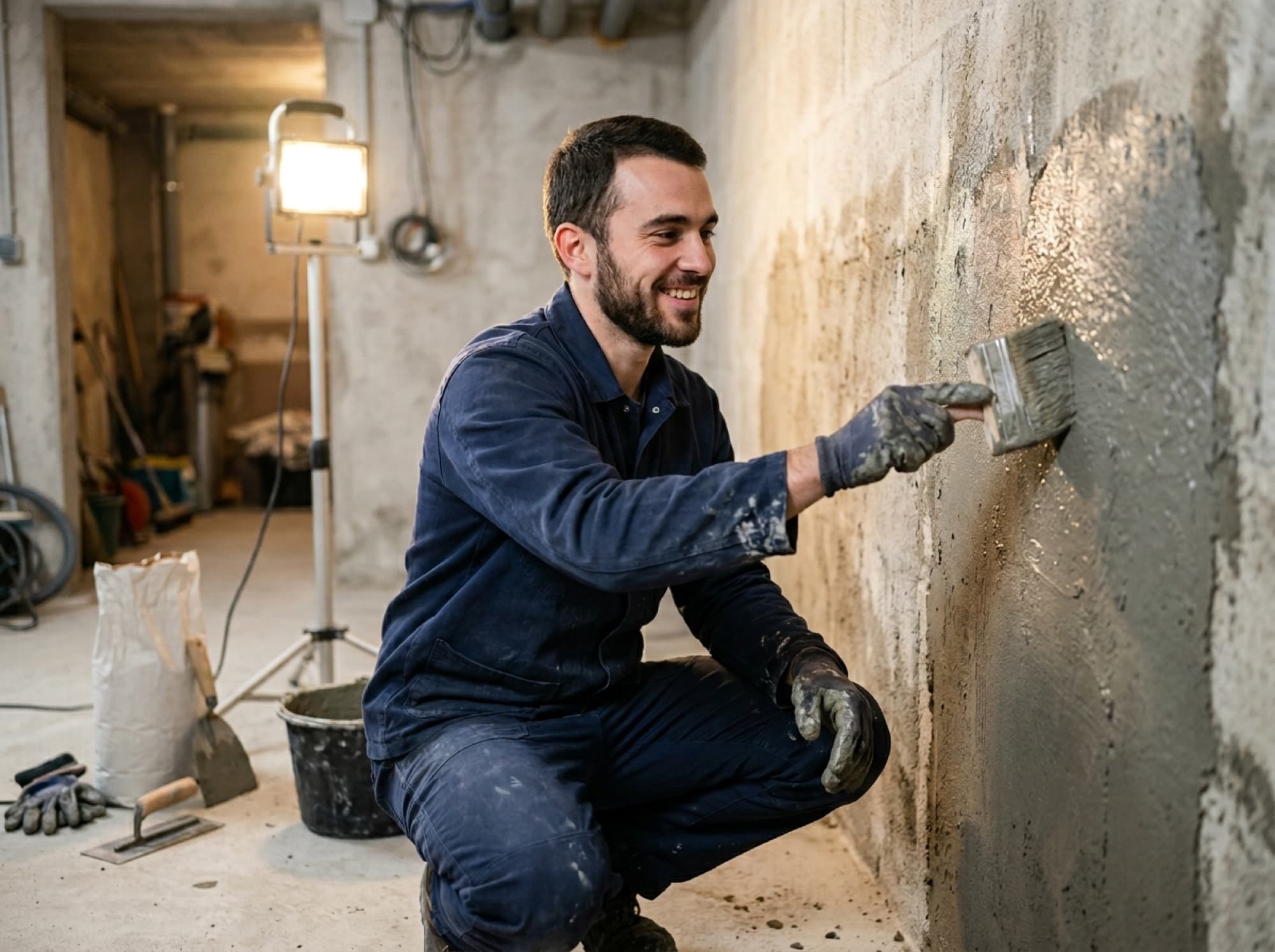 Application d'un revêtement d'étanchéité sur le mur d'une cave