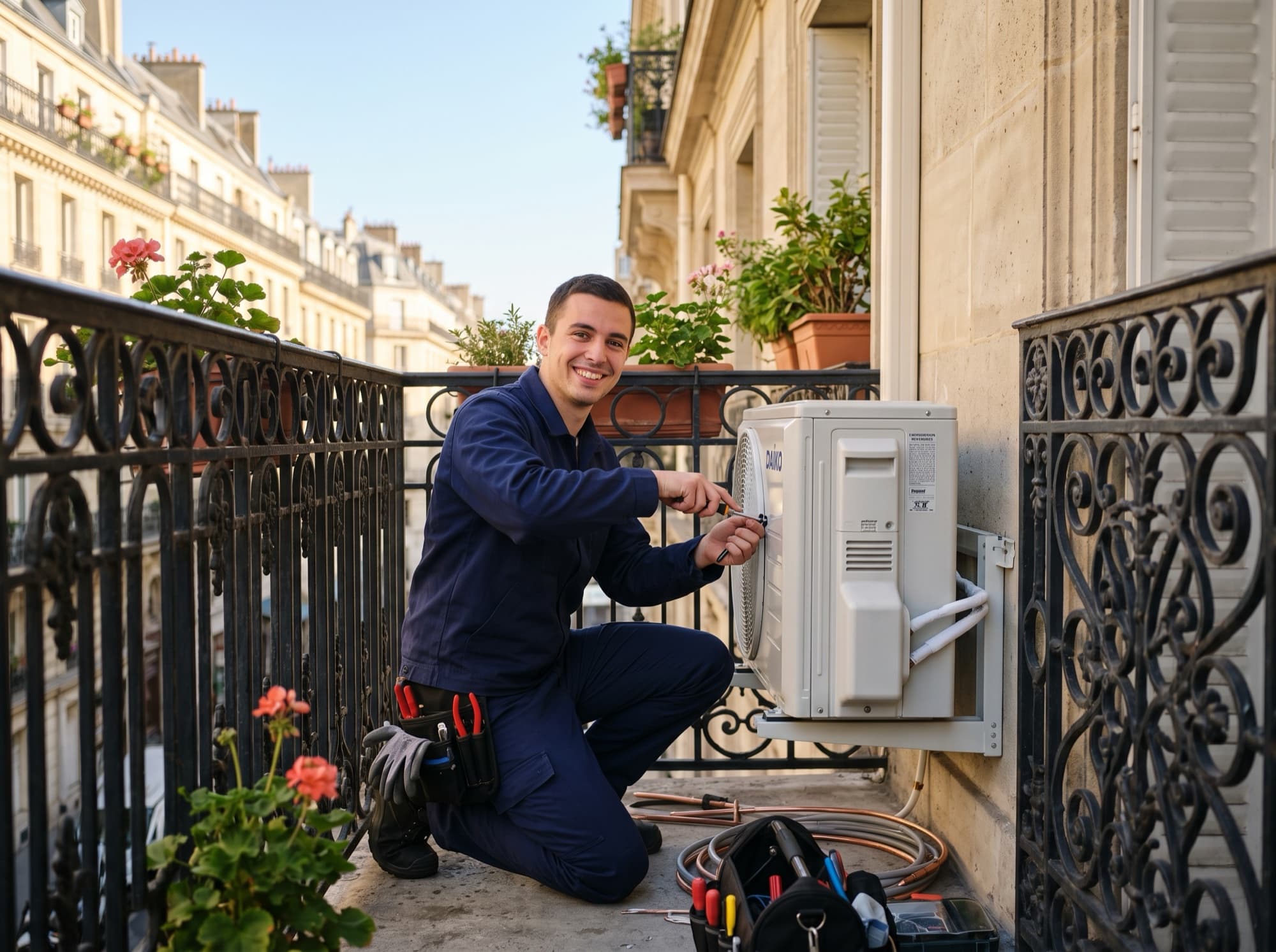 Technicien Stelair raccordant l'unité extérieure d'une pompe à chaleur air/eau