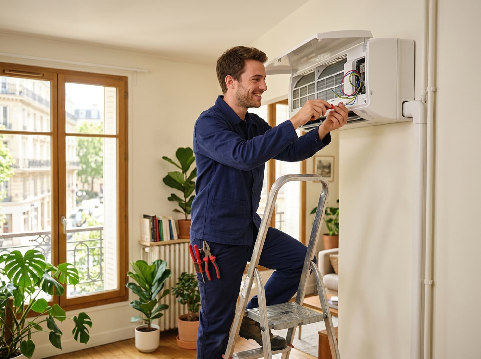 Technicien Stelair installant une climatisation sur un balcon parisien