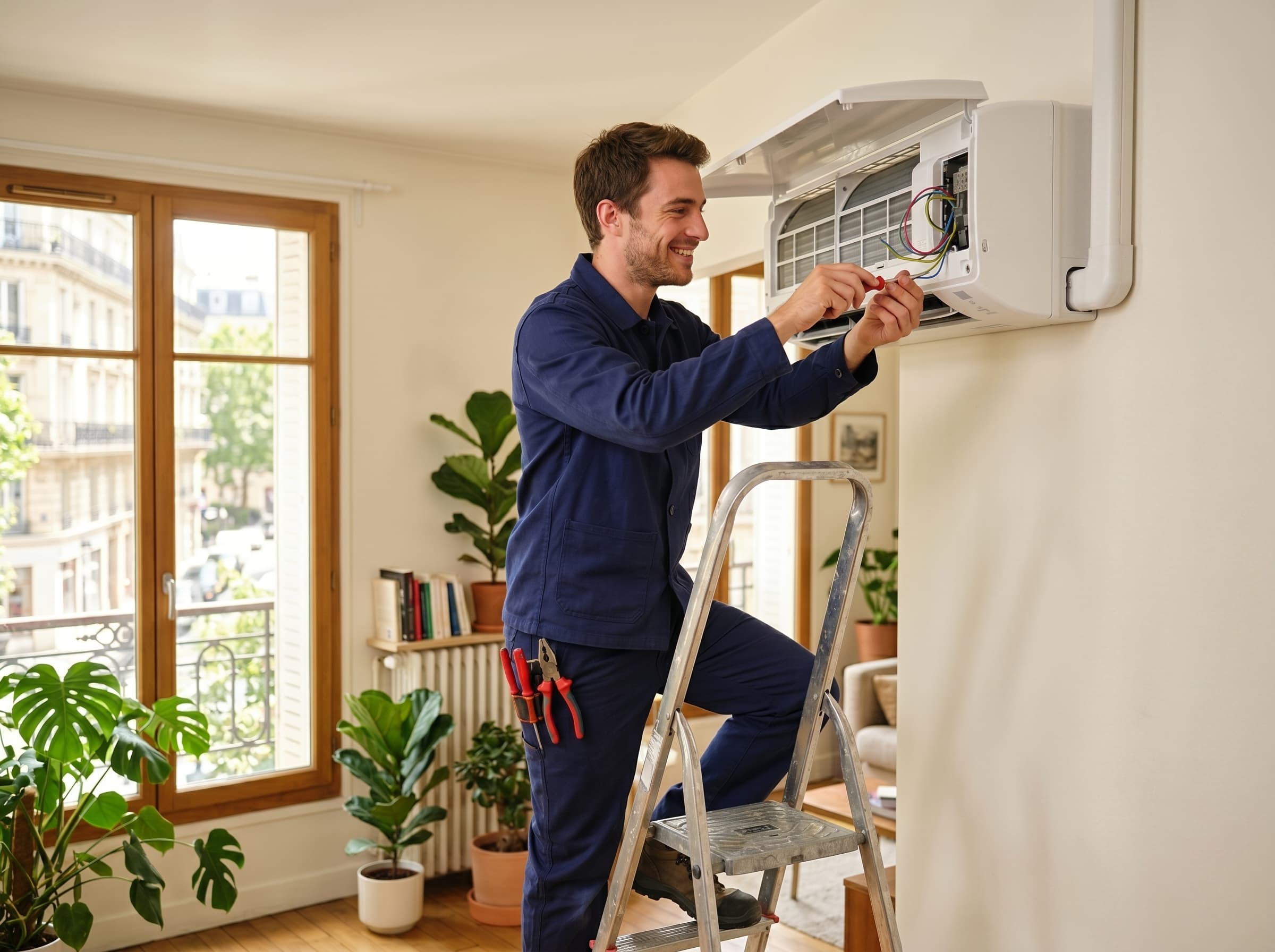 Technicien Stelair installant une climatisation sur un balcon parisien